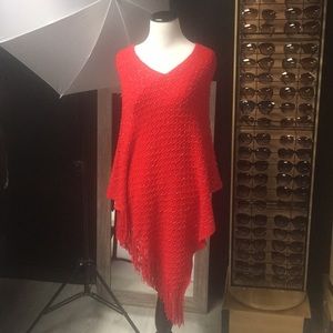 Red pullover poncho with fringe & sparkly thread